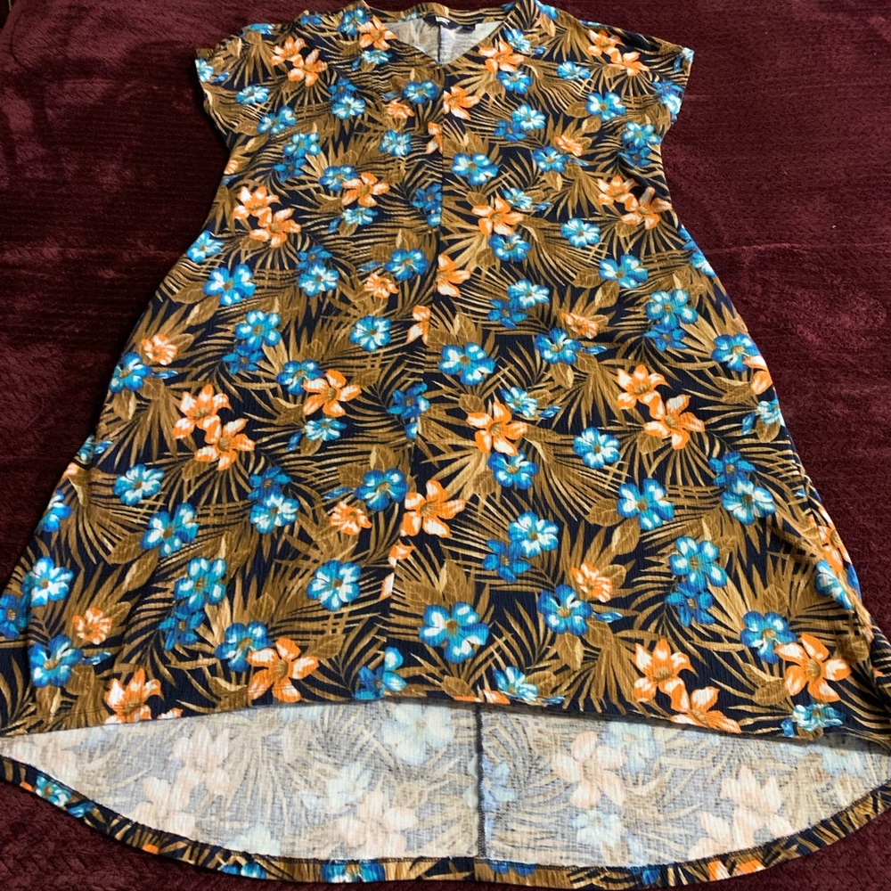 Land’s End Women’s Floral Print Short Sleeve Dress CoverUp VNeck Beach Tropical